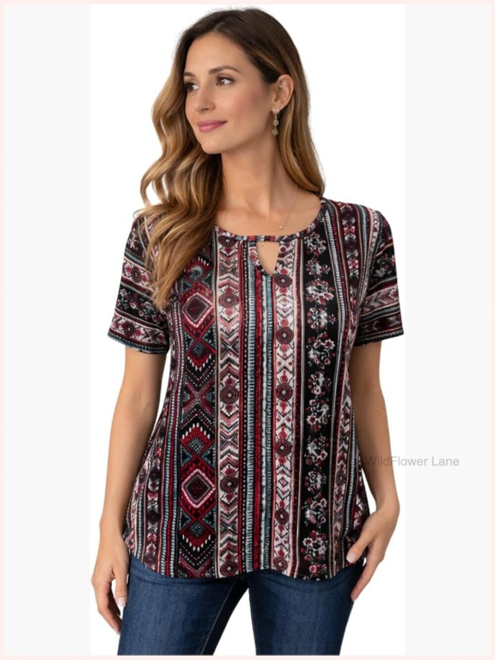 Short Sleeve Keyhole Neck Blouse - Relaxed Fit
